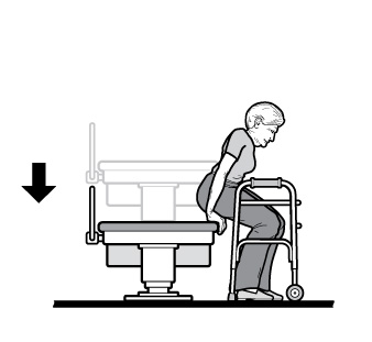 Illustration showing an adjustable height exam table in lowered and raised positions.  In lowered position, a woman sits from a standing position.  In raised position, a doctor conducts an examination. 