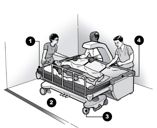Drawing showing a woman being moved from a stretcher to a table at a densitometer.  Three people assist with the lateral transfer.   