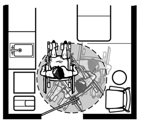 Plan view of an exam room showing a circular turning space at the end of the exam table and next to the entry door.  