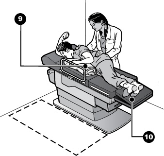Drawing showing a woman lying on her side on an exam table and being examined by a doctor. 