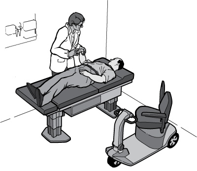 Illustration showing a man lying on an exam table while a doctor does an exam.  A motorized scooter is positioned next to the table. 