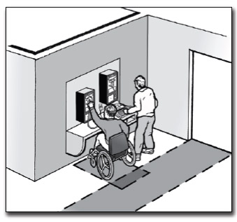 A man using a wheelchair using a pay phone and a man using a TTY in the shelter
