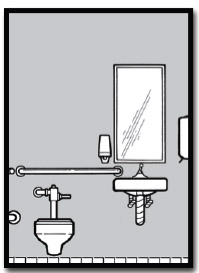 front view of the mirror, sink, handrails, dispensers and toilet inside a toilet stall