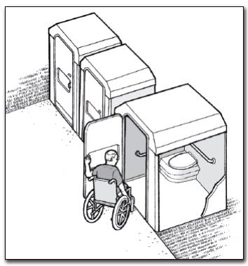 a man using a wheelchair enters an accessible portable toilet