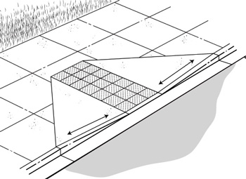 Illustration of a curb ramp, with arrows identifing the location to use a level to measure the angle of the curb ramp.