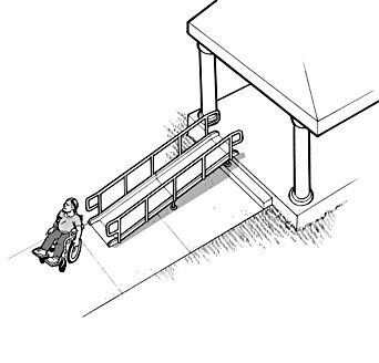 A portable ramp with edge protection and handrails is placed over stairs to provide an accessible route on Election Day