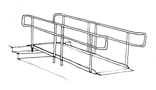 Portable ramps with handrails must be used for heights greater than six inches to provide access over steps. For ramps greater than six inches high,  temporary edge protection such as a pipe or piece of wood can be attached with ties or twine to the edges of the ramp.  Edge protection must run the entire length of the ramp