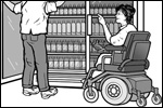 A convenience store employee reaches for a bottle of juice from the top rack of a drink cooler for a woman using a power wheelchair.