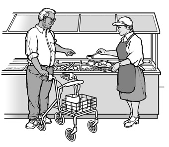 At a self-serve food bar, a staff person is preparing a
tray of food for a customer using a walker.