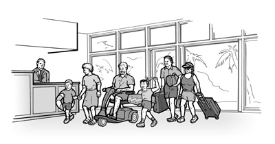 Parents, grandparents, and children arrive at a hotel for vacation.