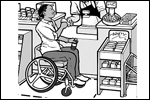A woman using a wheelchair is buying a drink at a small grocery store. Adequate maneuvering space and a low, uncluttered counter make it possible for her to approach the sales counter.