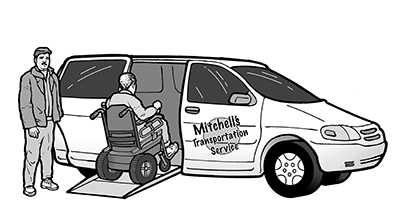 A small hotel has hired a transportation company with a lift-equipped van to transport a hotel guest who uses a wheelchair.