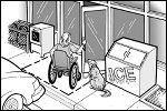 A woman using a wheelchair, with a service animal, is opening the door to a convenience store. The store's ice box and newspaper sales box are on the sidewalk, but are away from the door, so they do not block her entrance.
