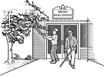 A man who is blind is leaving a real estate agency.  A workman
is trimming a tree branch that hangs too low over the sidewalk. 