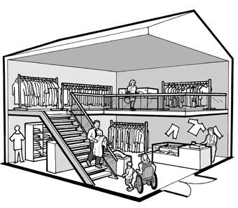 
In a clothes shop with some merchandise located on a mezzanine that is up a flight of stairs, a sales clerk is bringing an item down from the mezzanine for a customer who uses a wheelchair.