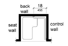 Plan view shows a grab bar that extends across the control wall and the back wall to a point 18 inches (455 mm) from the control wall.