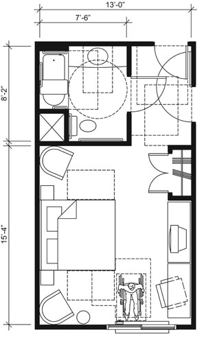This drawing shows an accessible 13-foot wide guest room with features that comply with the 2010 Standards. Features include a standard bathtub with a seat, comparable vanity, clothes closet with swinging doors, and door connecting to adjacent guest room. Furnishings include a king bed and additional seating.