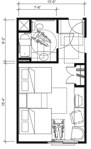 This drawing shows an accessible 13-foot wide guest room with features that comply with the 2010 Standards. Features include a standard bathtub with a seat, comparable vanity, clothes closet with swinging doors, and door connecting to adjacent guest room. Furnishings include two beds.