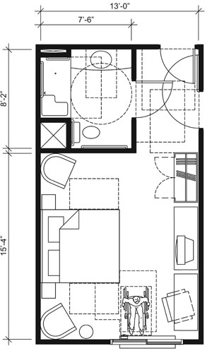 This drawing shows an accessible 13-foot wide guest room with features that comply with the 2010 Standards. Features include a standard roll-in shower with a seat, comparable vanity, wardrobe, and door connecting to adjacent guest room. Furnishings include a king bed and additional seating.