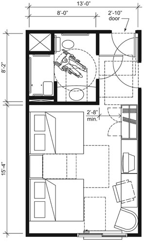 This drawing shows an accessible 13-foot wide guest room with features that comply with the 2010 Standards. Features include an alternate roll-in shower with a seat, comparable vanity, wardrobe, and door connecting to adjacent guest room. Furnishings include two beds.