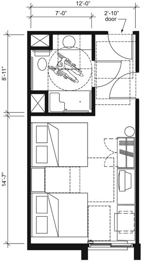 This drawing shows an accessible 12-foot wide guest room with features that comply with the 2010 Standards. Features include a standard roll-in shower with a seat, comparable vanity, wardrobe, and door connecting to adjacent guest room. Furnishings include two beds.