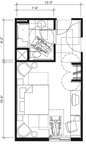 This drawing shows an accessible 13-foot wide guest room with features that comply with the 2010 Standards. Features include a standard roll-in shower with a seat, comparable vanity, clothes closet with swinging doors, and door connecting to adjacent guest room. Furnishings include a king bed and additional seating. 