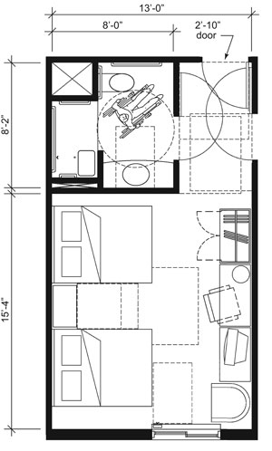 This drawing shows an accessible 13-foot wide guest room with features that comply with the 2010 Standards. Features include an alternate roll-in shower with a seat, comparable vanity, wardrobe, and door connecting to adjacent guest room. Furnishings include two beds. 