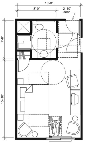 This drawing shows an accessible 13-foot wide guest room with features that comply with the 2010 Standards. Features include a transfer shower, comparable vanity, clothes closet with swinging door, and door connecting to adjacent guest room. Furnishings include a king bed and additional seating.