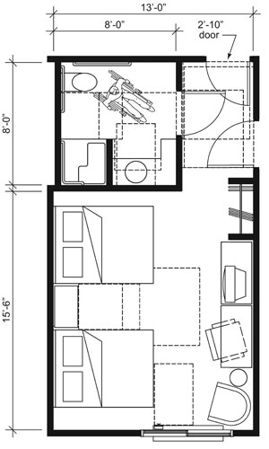 This drawing shows an accessible 13-foot wide guest room with features that comply with the 2010 Standards. Features include a transfer shower, comparable vanity, open clothes closet, and door connecting to adjacent guest room. Furnishings include two beds.