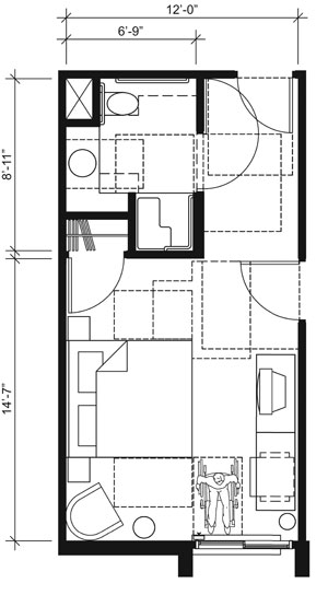 This drawing shows an accessible 12-foot wide guest room with features that comply with the 2010 Standards. Features include a transfer shower, water closet length (rim to rear wall) 24 inches maximum, comparable vanity, clothes closet with swinging door, and door connecting to adjacent guest room. Furnishings include a king bed and additional seating.