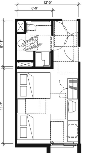 This drawing shows an accessible 12-foot wide guest room with features that comply with the 2010 Standards. Features include a transfer shower, water closet length (rim to rear wall) 24 inches maximum, comparable vanity, clothes closet with swinging door, and door connecting to adjacent guest room. Furnishings include a king bed and additional seating.