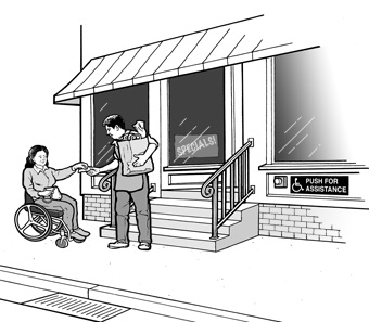 In front of a grocery store with four steps up to the entrance, a customer using a wheelchair is handing money to a clerk who is holding a bag of groceries.