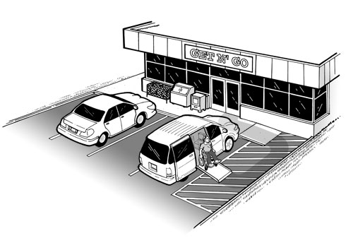 illustration showing the front of a convenience store with four parking spaces.  One parking space is a van-accessible space.