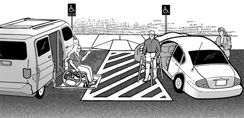 illustration showing a van-accessible parking space sharing an access aisle with an accessible parking space for a car.